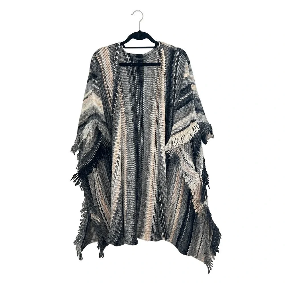 E.D. Italia Wool Blend Fringe Knit Poncho Wrap Gray Striped Made in Italy OS